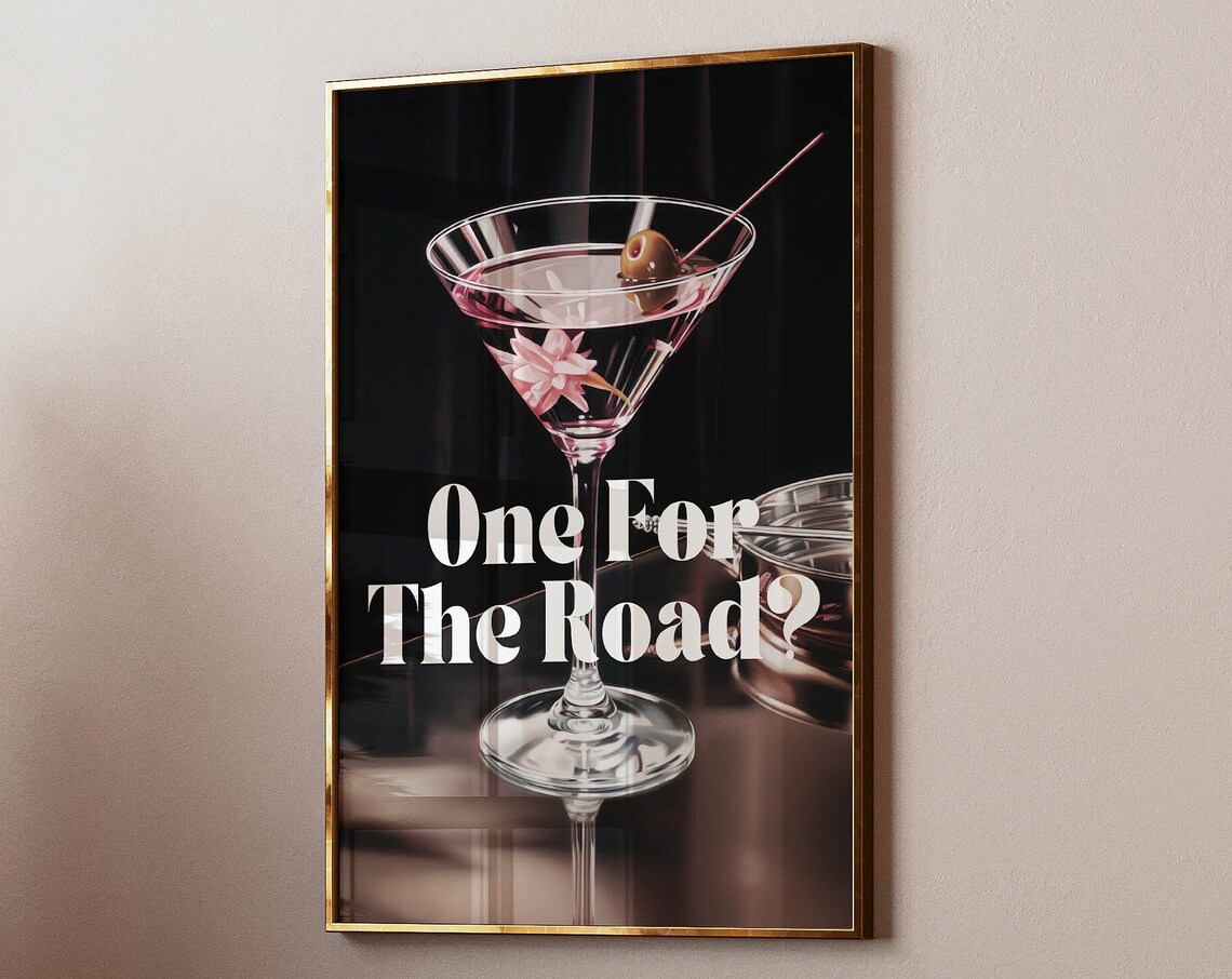 One For The Road Martini Glass Olive Retro Cocktail Bar Art Poster