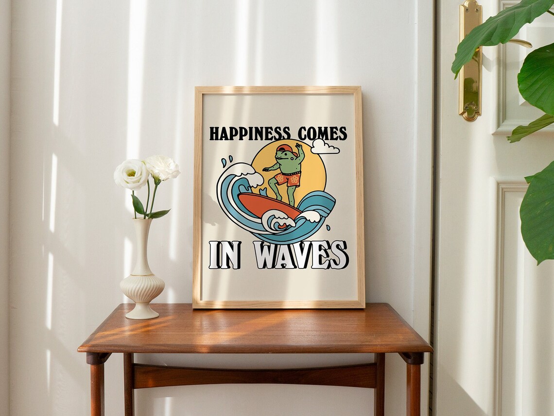 Surfing Frog Retro Happiness Quote Art Print - Image 2