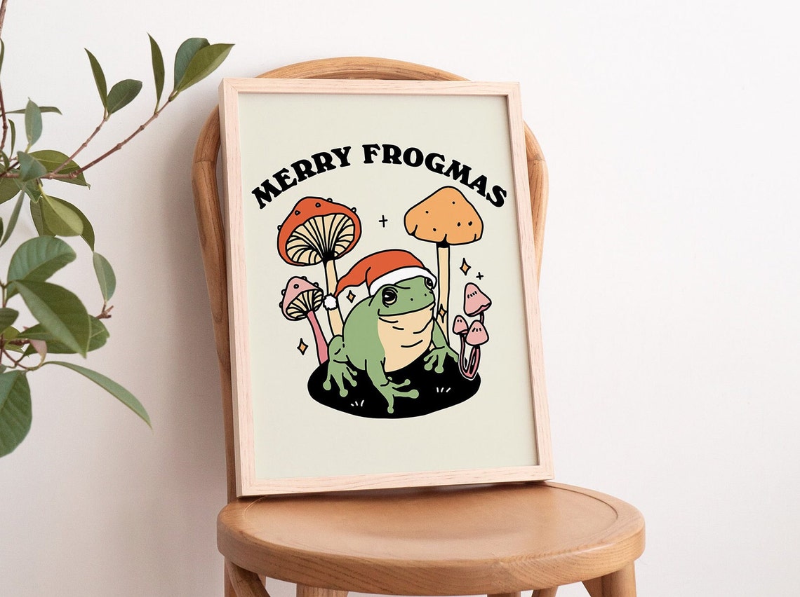 Merry Frogmas Frog Santa Hat Christmas Mushroom Vintage Poster - Image 3
