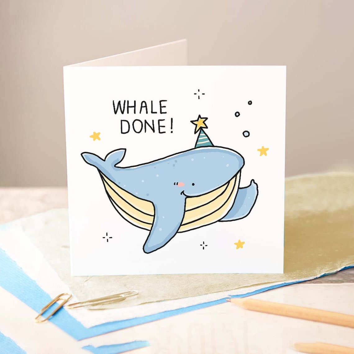 Whale Done Pun Greeting Card Blue Whale Party Hat Congratulations - Image 2