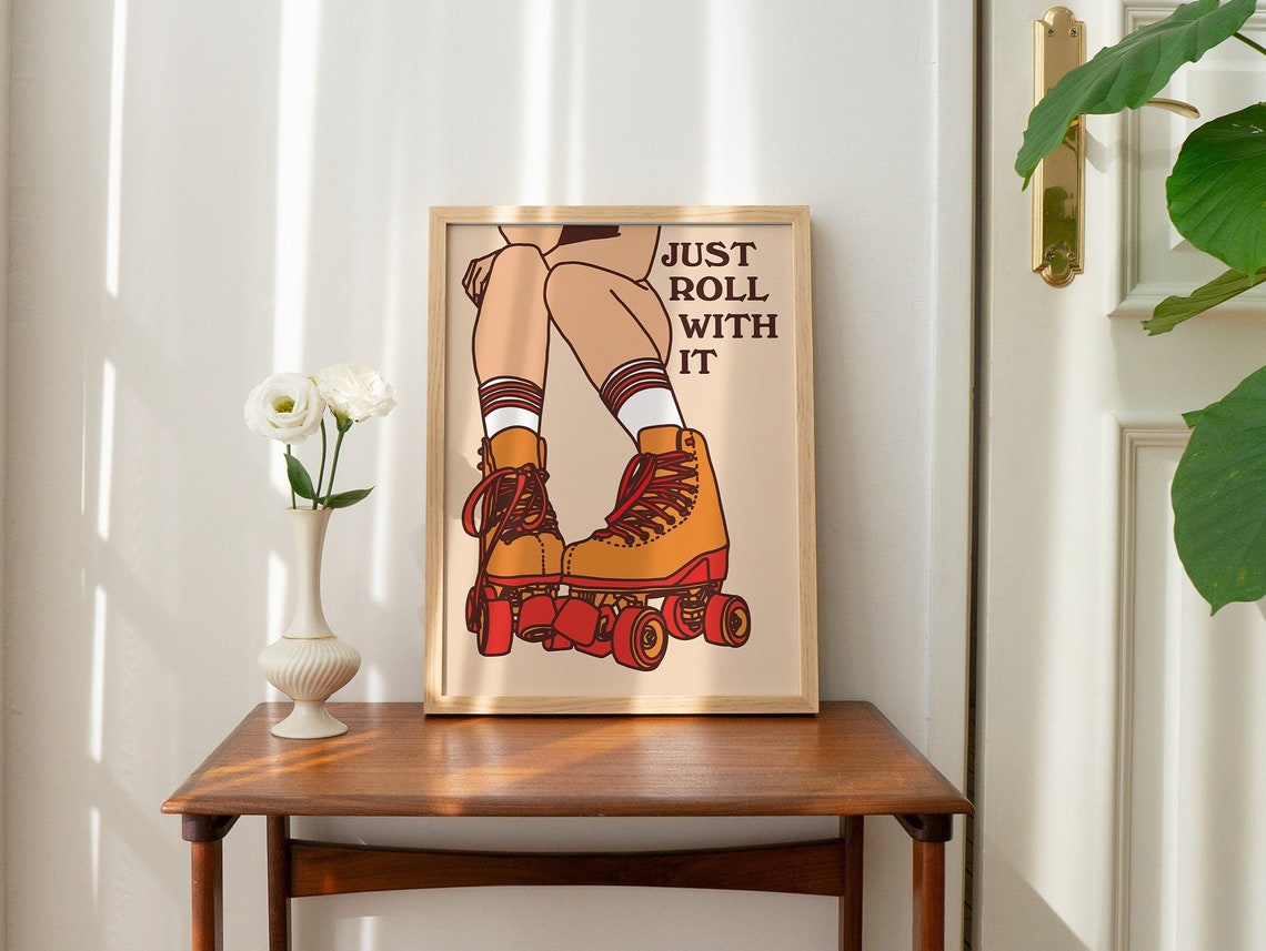 Just Roll With It 70s Retro Groovy Roller Skating Quote Poster - Image 3