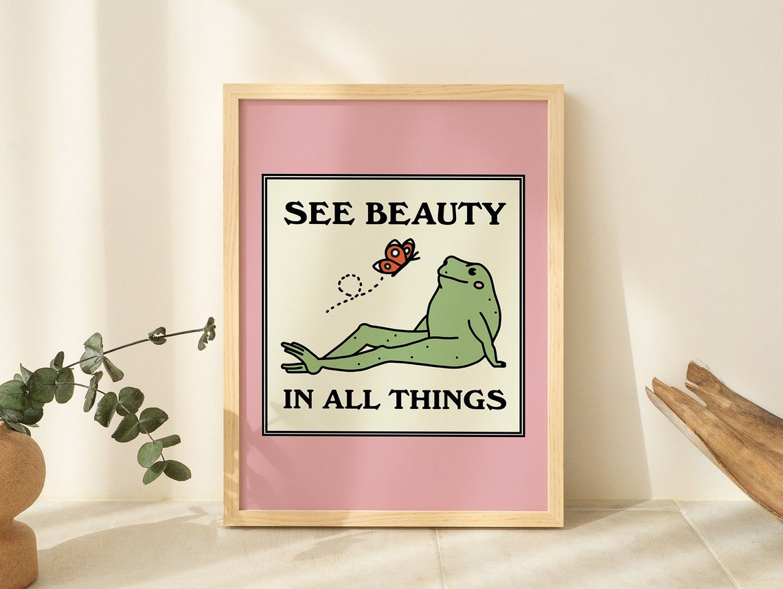See Beauty In All Things Frog Butterfly Pink Retro Wall Poster - Image 3