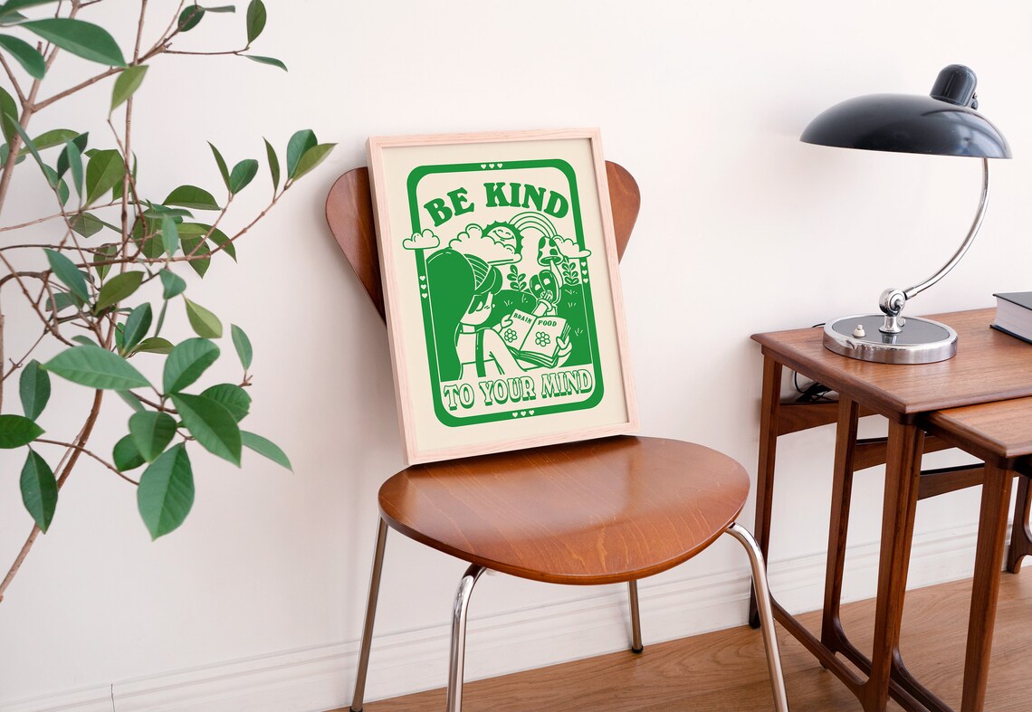 Be Kind to Your Mind Retro Reading Girl Mental Health Quote Poster - Image 2