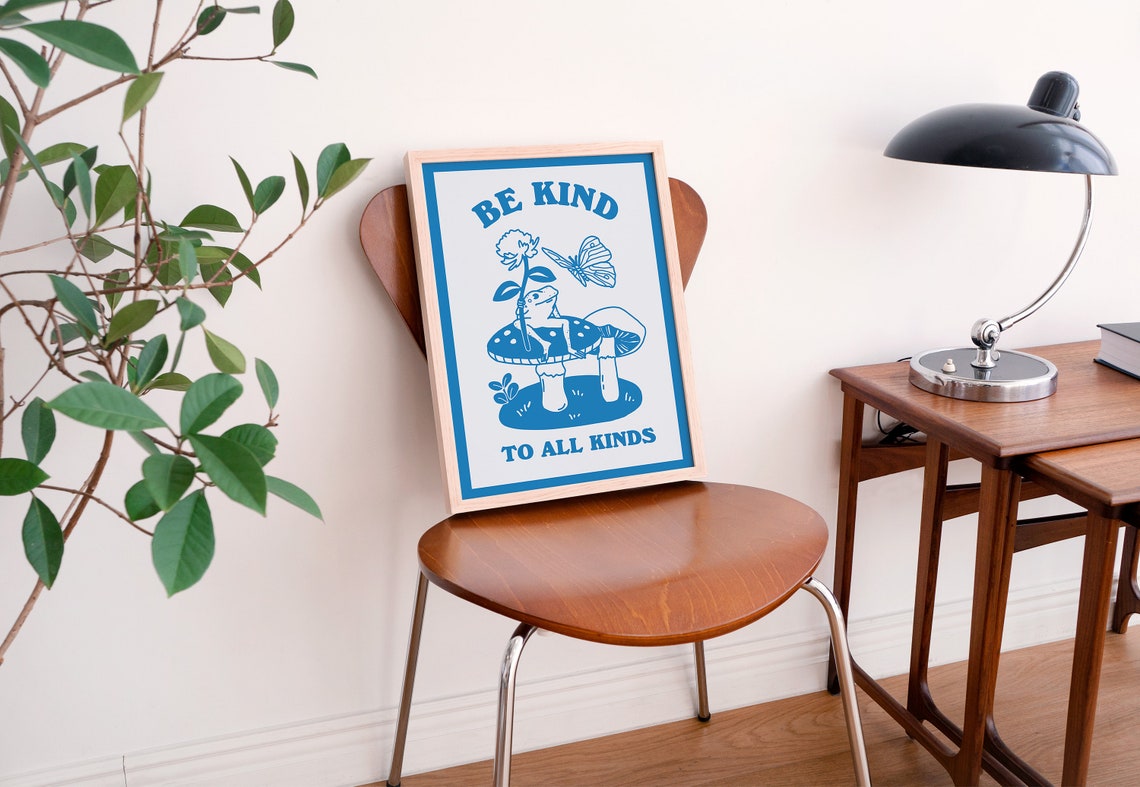 Be Kind To All Kinds Frog Mushroom Sapphire Blue Retro Poster - Image 2