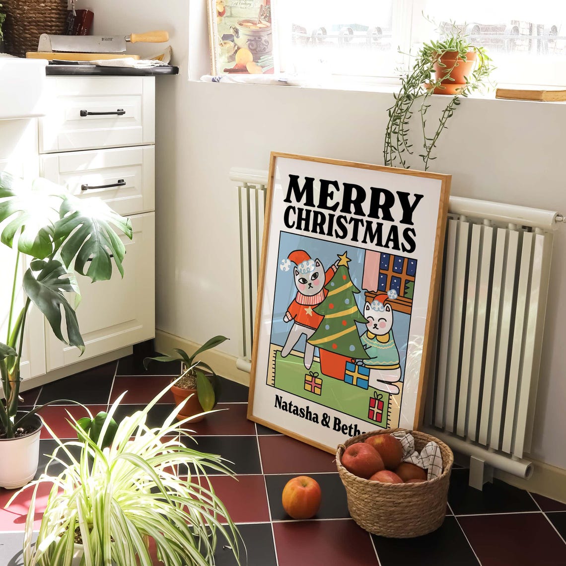 Custom Merry Christmas Cat Print Cute Personalised Xmas Decor Christmas 2024 Custom Name Gift Festive Decor Framed Unframed Festive - Image 2