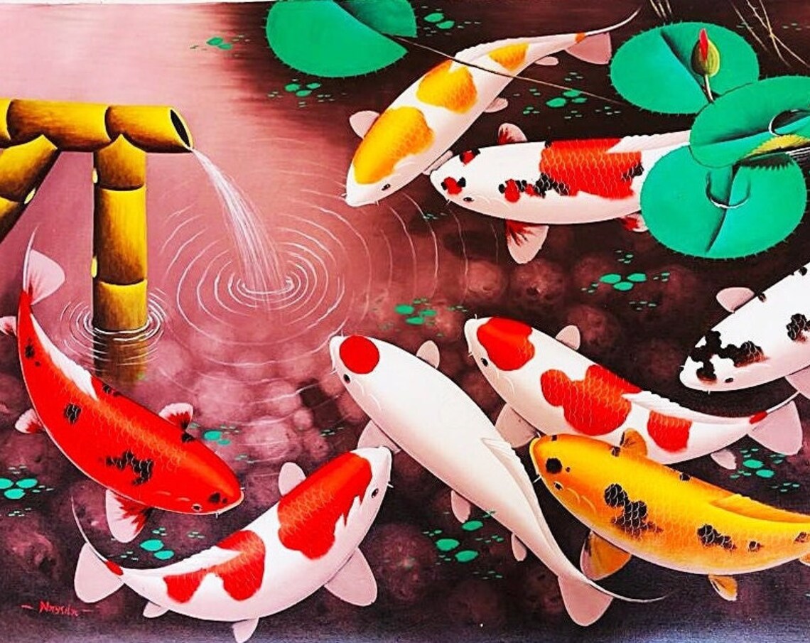 9 Koi Fish and Bamboo Fountain Wall Art Print