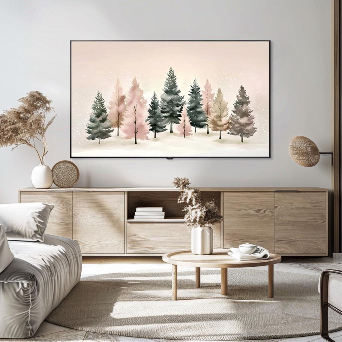 Pastel Pink Green Watercolor Pines Winter Wonderland Art Poster - Image 5