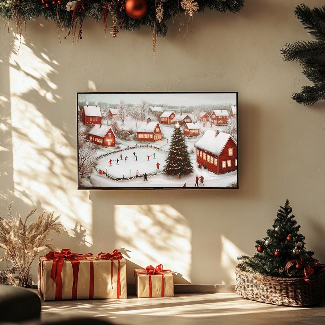 Winter Village Ice Skating Pond Red Houses Festive Christmas Poster - Image 3