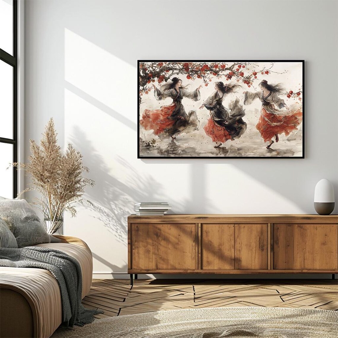 Dancing Women Ink Wash Painting under Red Fruit Branch Poster - Image 4