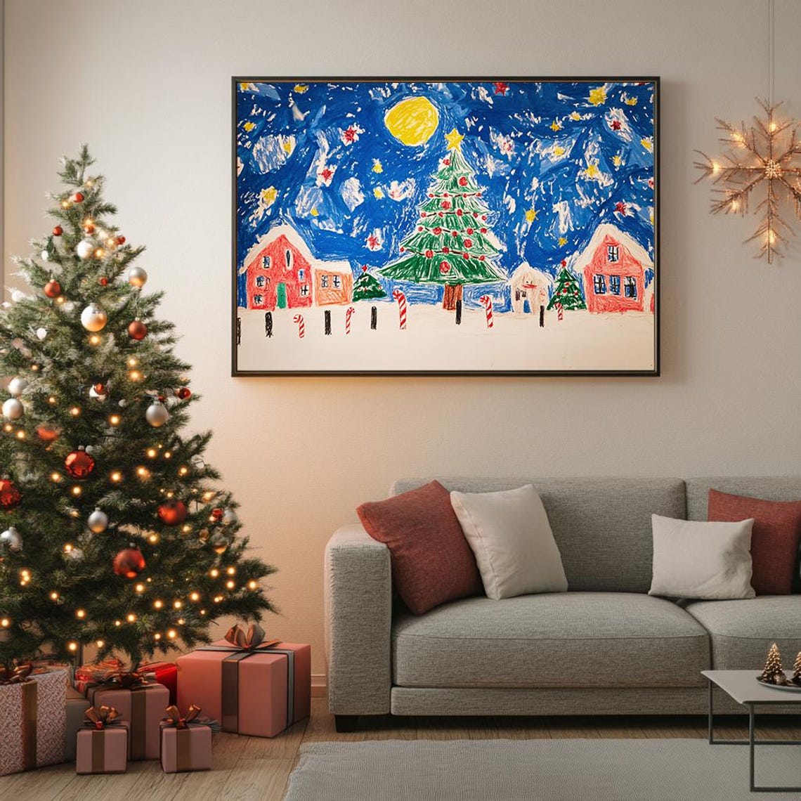 Kids Crayon Drawing Christmas Village Tree Candy Canes Night Poster - Image 5