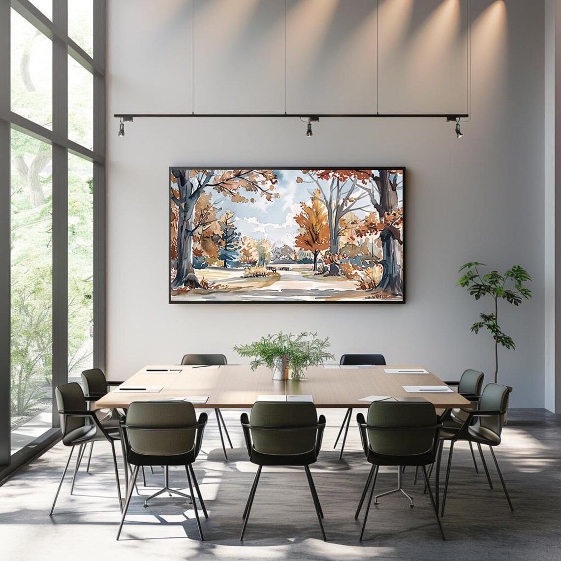 Autumn Park Watercolor with Benches Golden Trees Scene Poster - Image 3