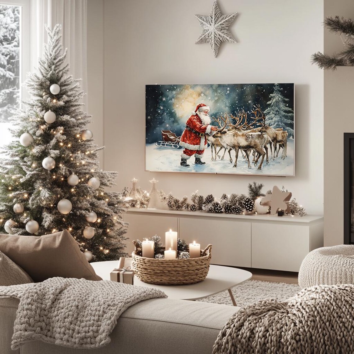 Santa with Reindeer and Sleigh Magical Winter Night Watercolor Poster - Image 5