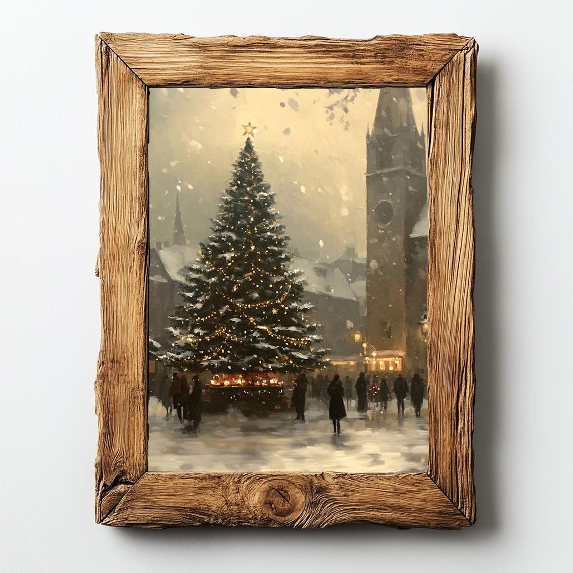 Christmas Tree in Town Square Snowy Evening Oil Painting Poster - Image 2