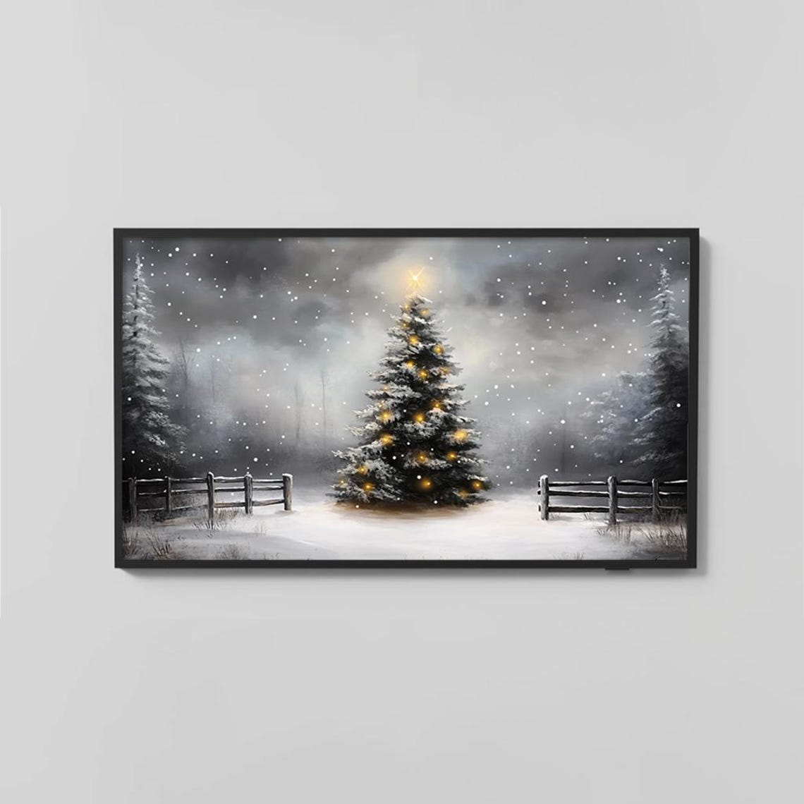 Snowy Christmas Tree With Lights Wooden Fence Winter Art Poster - Image 2