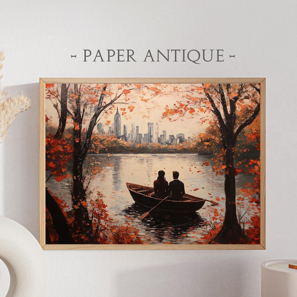 Couple in Rowboat Under Autumn Trees City Skyline Lake Poster