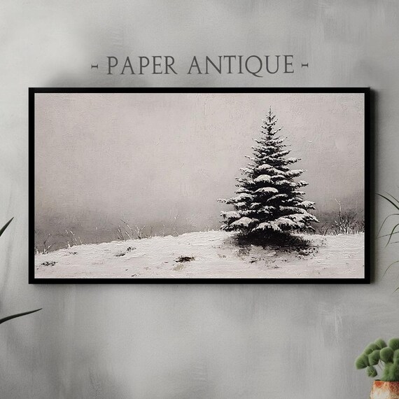 Snowy Pine Tree In Open Field Minimalist Oil Painting Winter Poster
