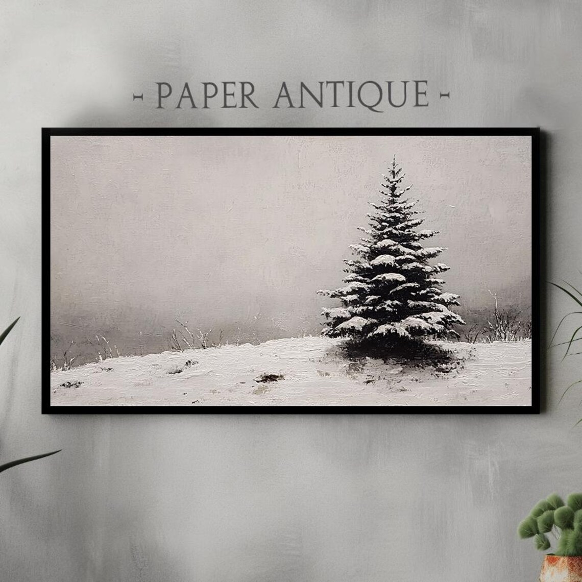 Snowy Pine Tree In Open Field Minimalist Oil Painting Winter Poster
