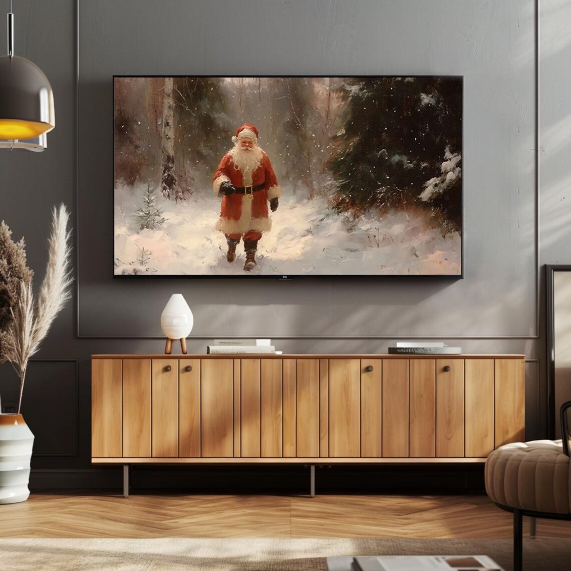 Santa Claus Walking Through Snowy Pine Forest Vintage Art Poster - Image 4
