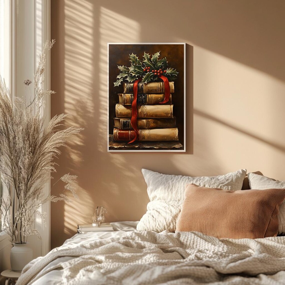 Antique Books Stack with Holly Berries Red Ribbon Christmas Poster - Image 2
