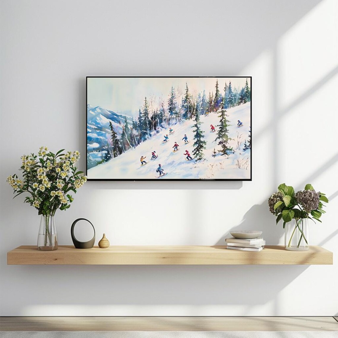 Winter Sledding Scene Painting Joyful Snow Fun Watercolor Poster - Image 2
