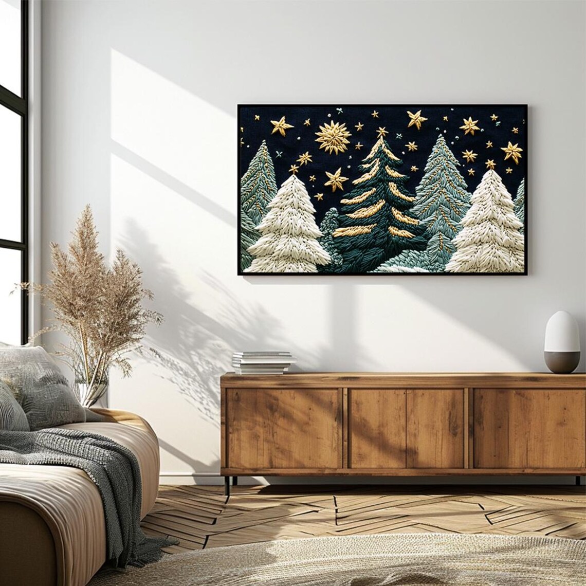 Embroidered Winter Night Forest With Golden Stars Textile Art Poster - Image 4