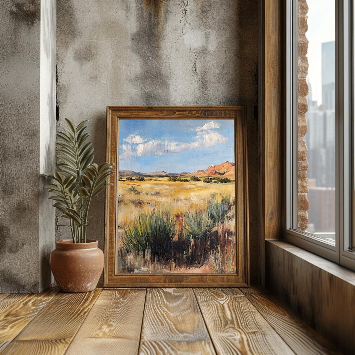 Golden Desert Landscape Painting With Red Mesas Grassland Poster - Image 3