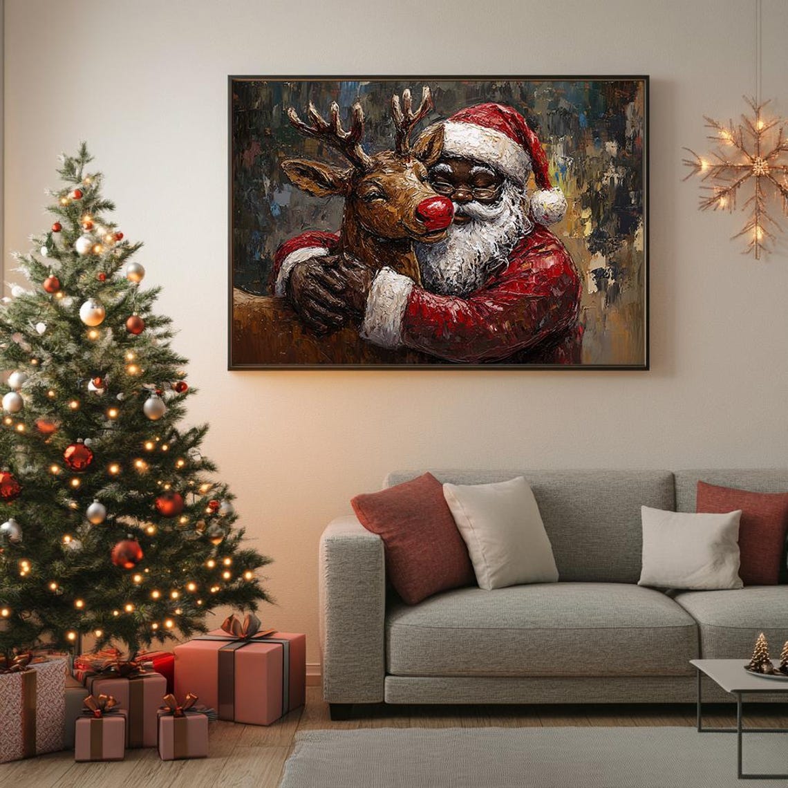 Santa Hugging Reindeer Textured Oil Painting Heartwarming Poster - Image 5