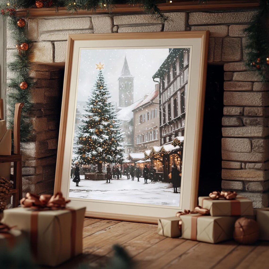 Christmas Market Snowy Tree Town Square Vintage Holiday Poster - Image 3