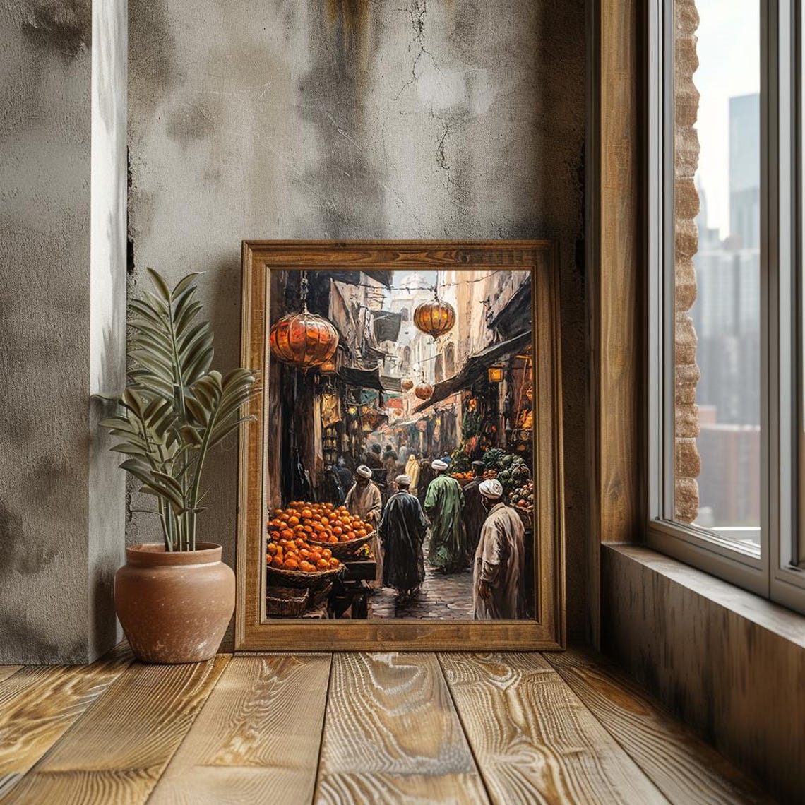 Middle Eastern Market Scene Lanterns Fruit Stalls Oil Poster - Image 3