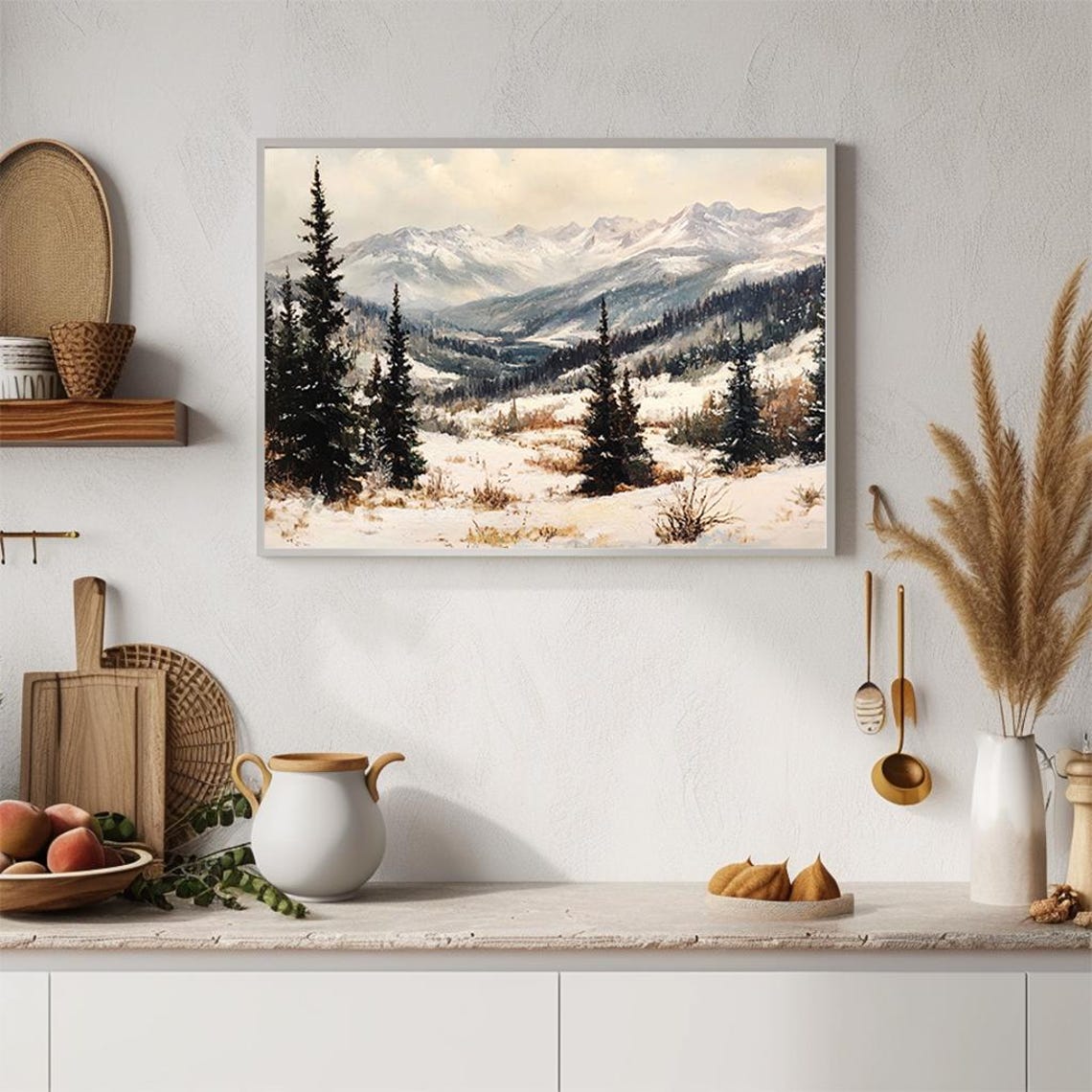 Snowy Mountain Peaks Evergreen Valley Winter Landscape Poster - Image 2