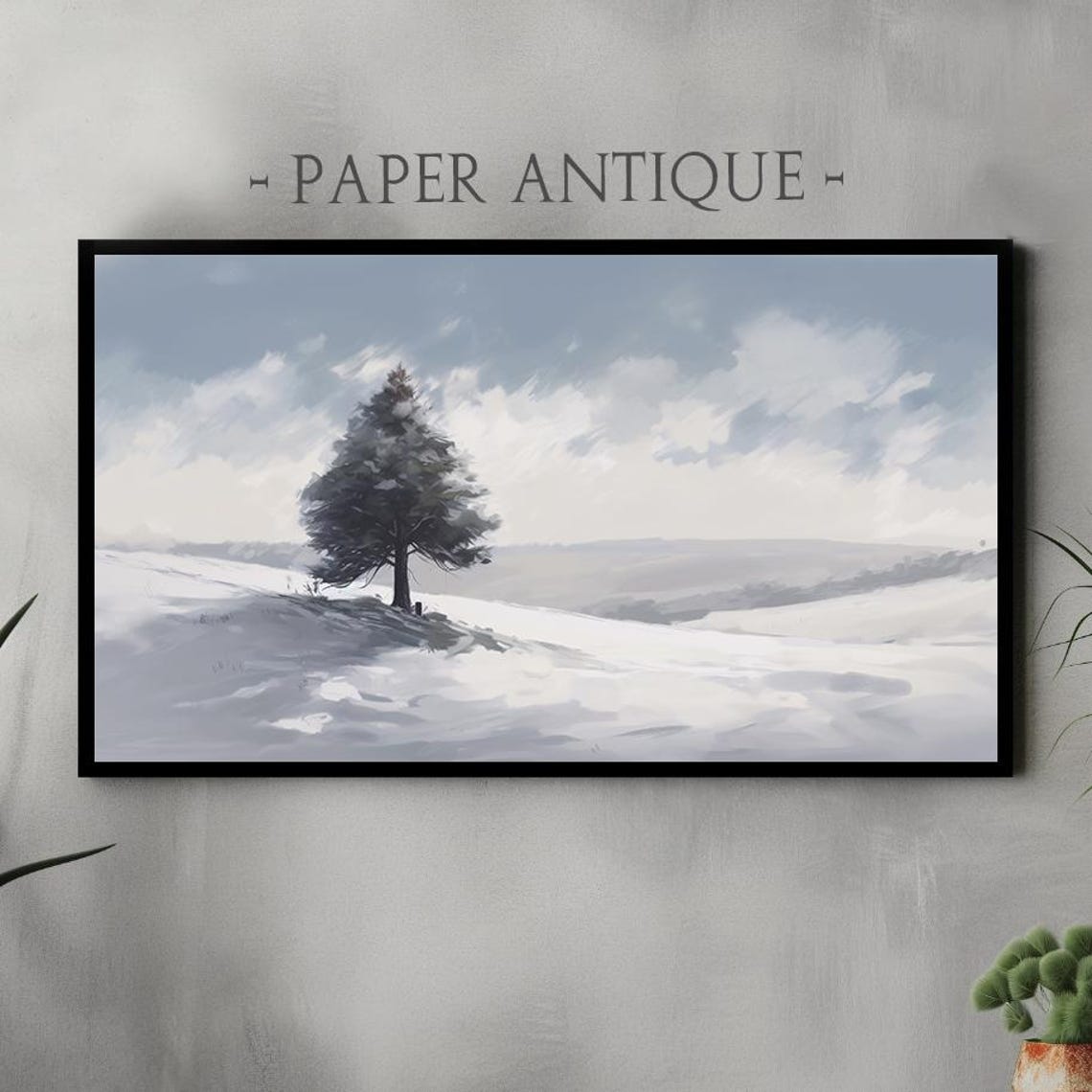 Lone Pine On Snowy Hillside Minimalist Blue Winter Panorama Poster