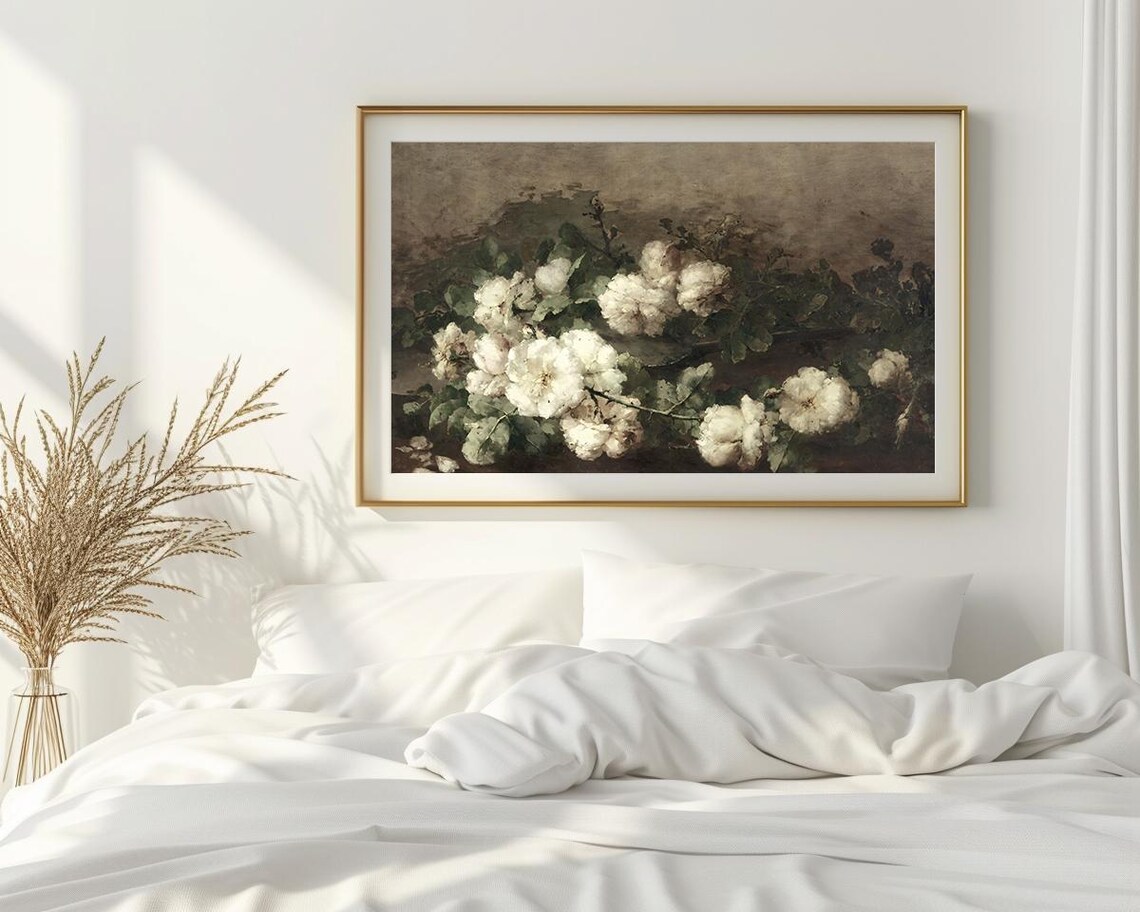 White Roses Dark Moody Still Life Vintage Floral Oil Painting Poster - Image 2