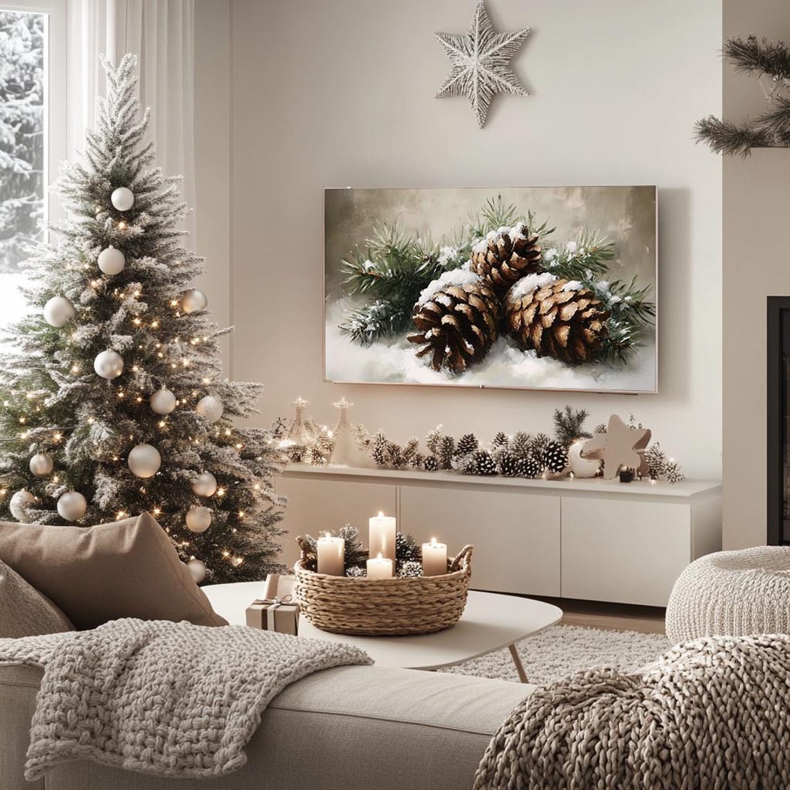 Snow Dusted Pine Cones With Evergreen Branches Winter Painting Poster - Image 5