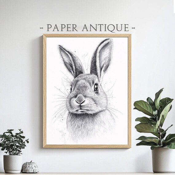 Rabbit Portrait Detailed Black and White Animal Sketch Art Poster