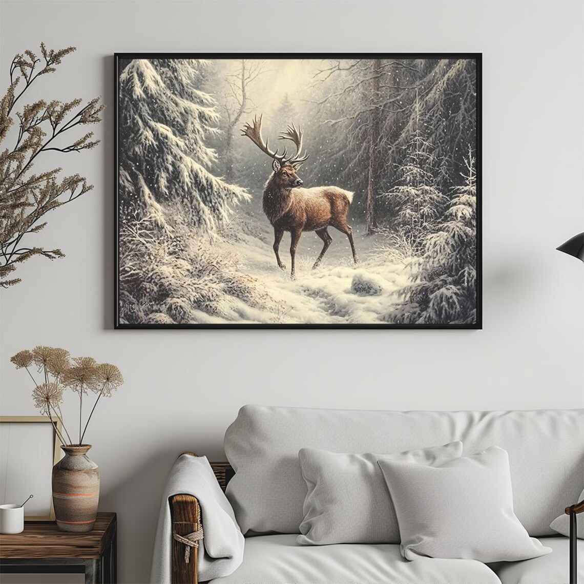 Majestic Stag in Snowy Winter Forest Victorian Oil Painting Poster - Image 5