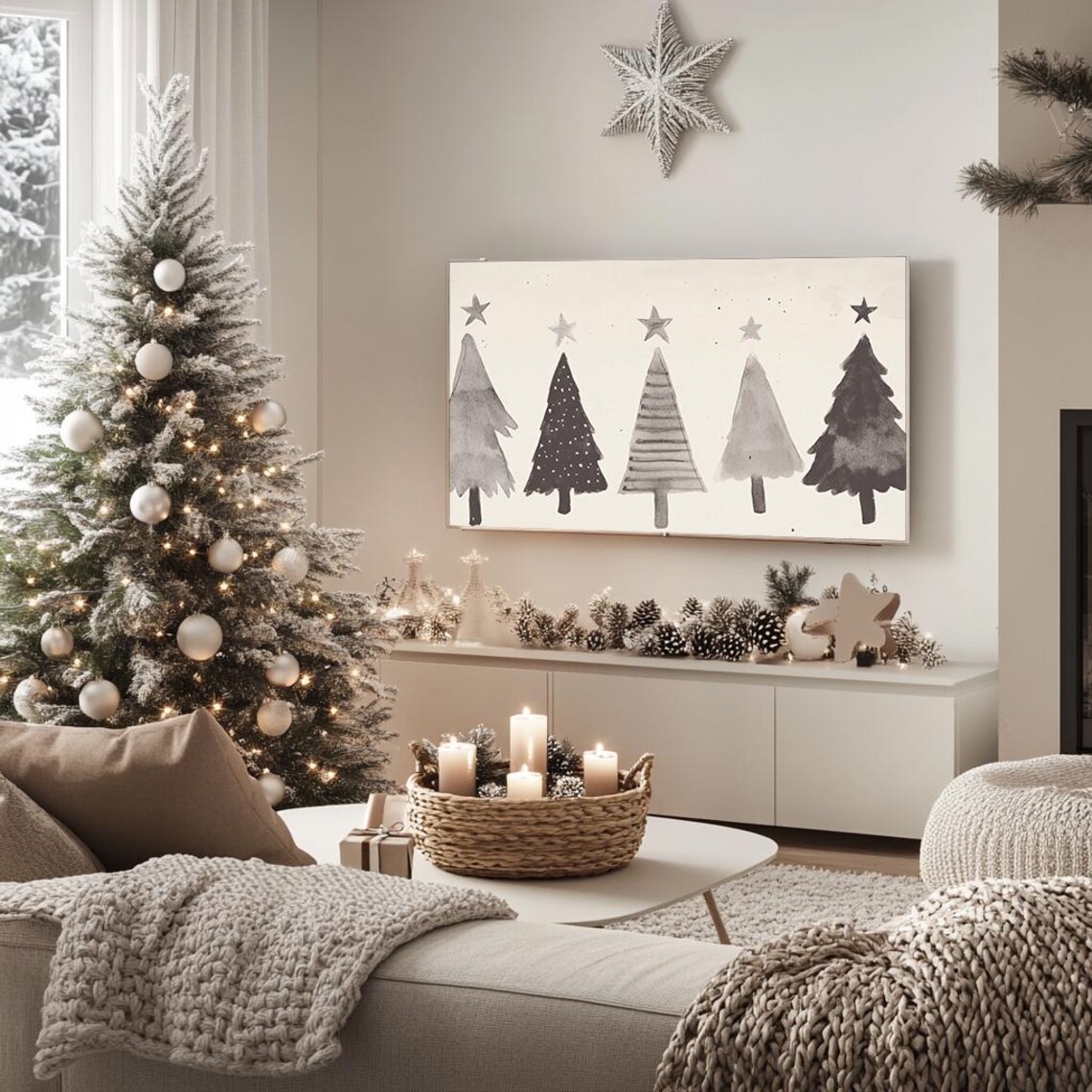 Minimalist Gray Christmas Trees With Stars Simple Holiday Poster - Image 5