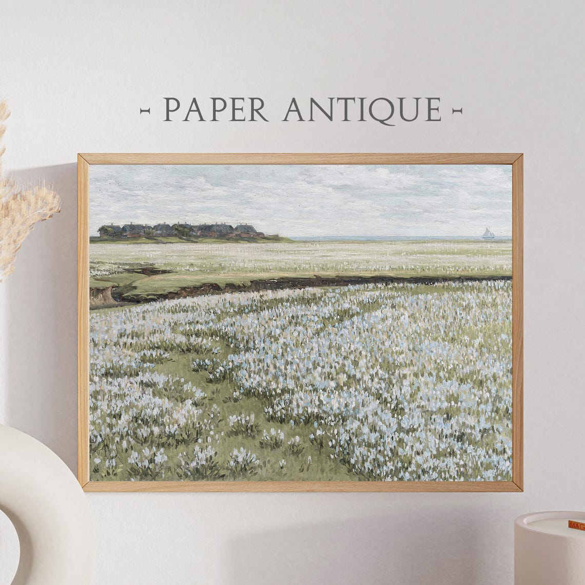 White Flower Field Sea Horizon Sailboat Soft Vintage Landscape Poster