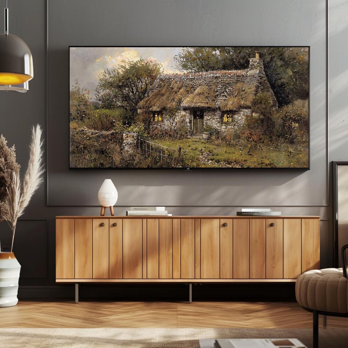 Thatched Stone Cottage Glowing Windows Countryside Oil Painting Poster - Image 2