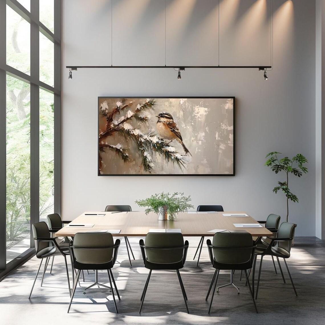 Winter Songbird On Snowy Pine Branch Serene Oil Painting Poster - Image 3