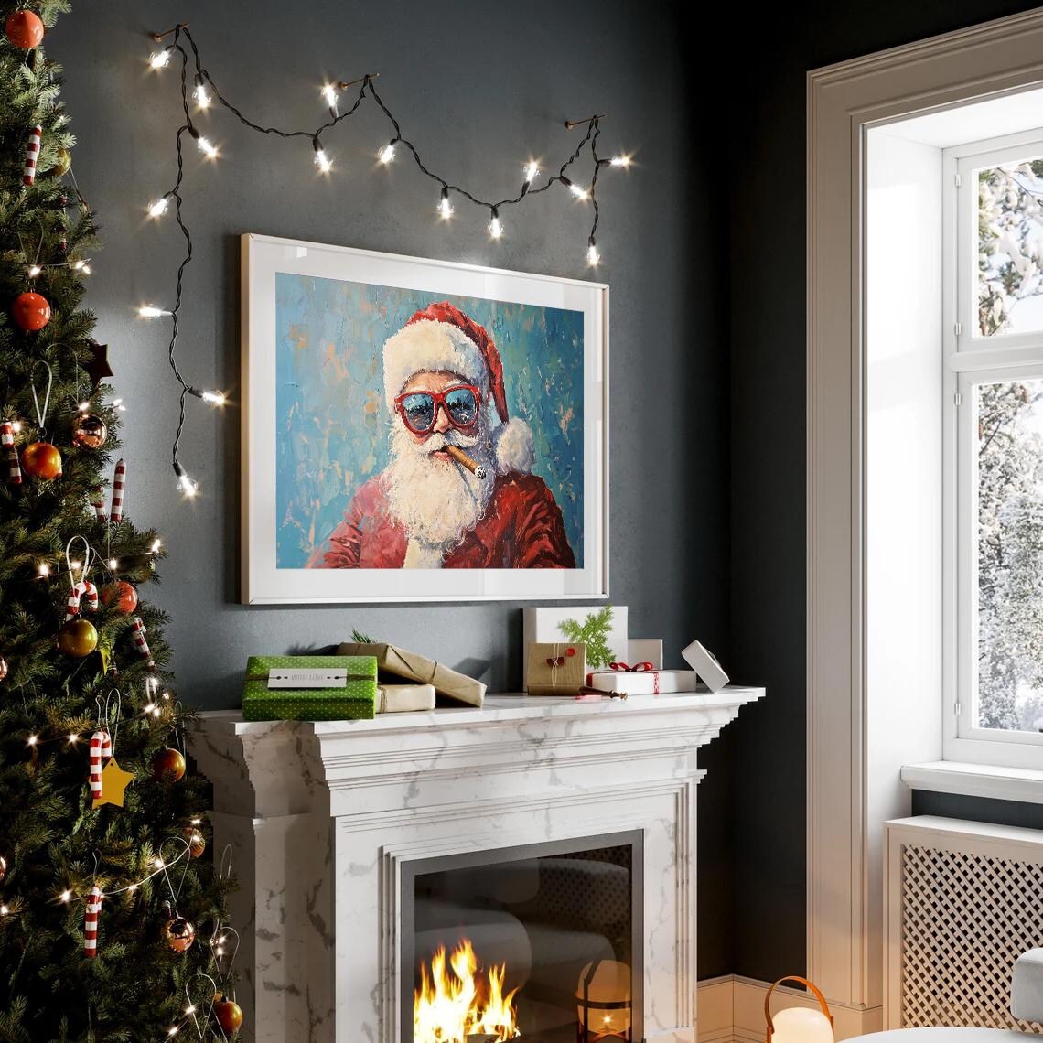Cool Santa Red Sunglasses Cigar Teal Oil Painting Fun Poster - Image 2
