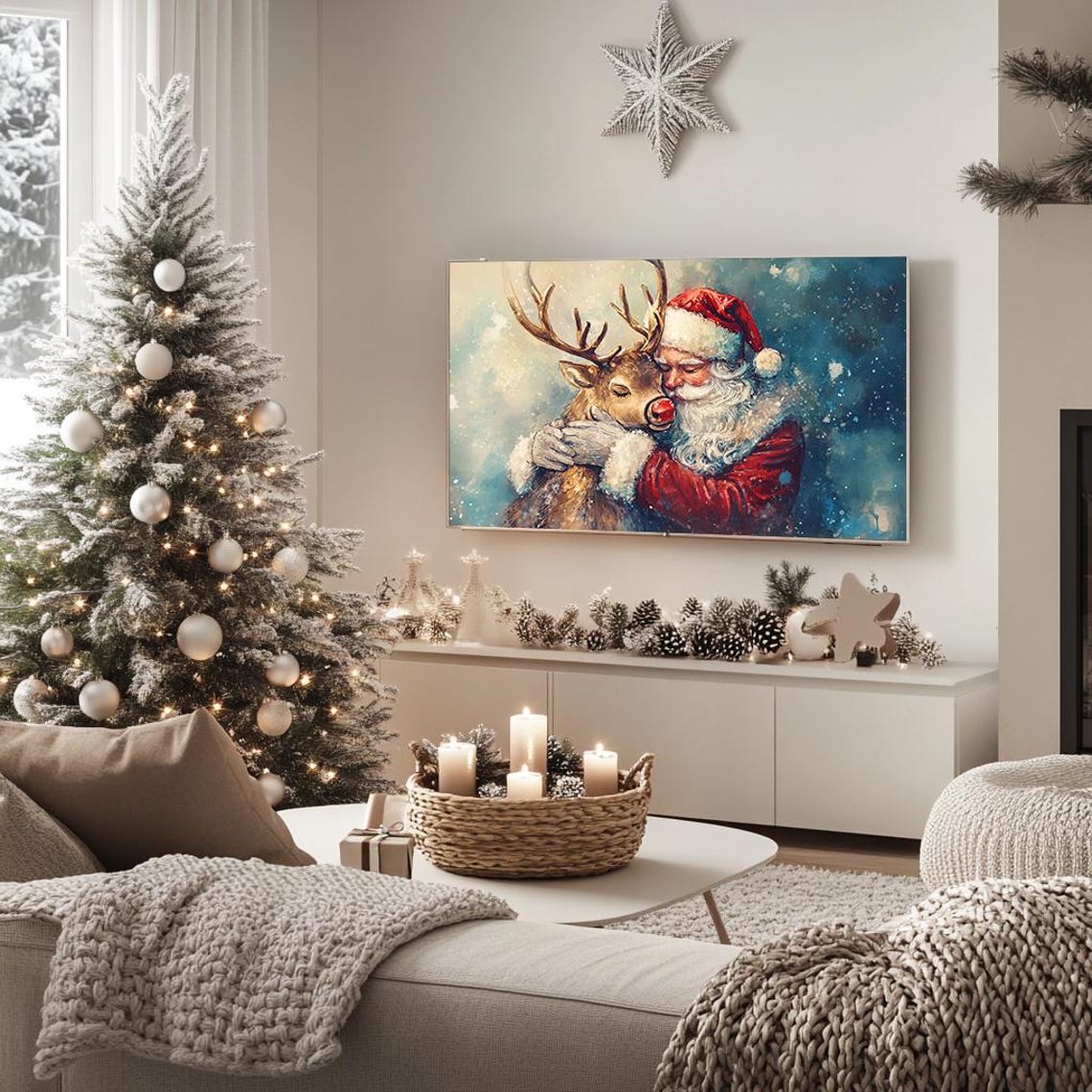 Santa Hugging Rudolph Heartwarming Christmas Painting Poster - Image 5