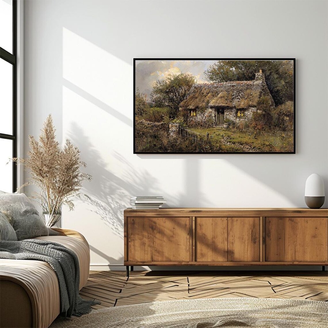 Thatched Stone Cottage Glowing Windows Countryside Oil Painting Poster - Image 4