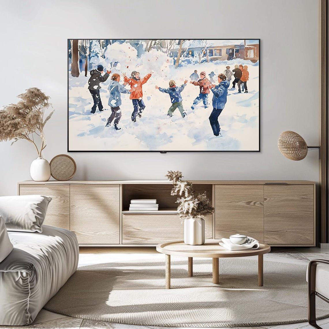 Children Snowball Fight Joyful Winter Play Watercolor Scene Poster - Image 5