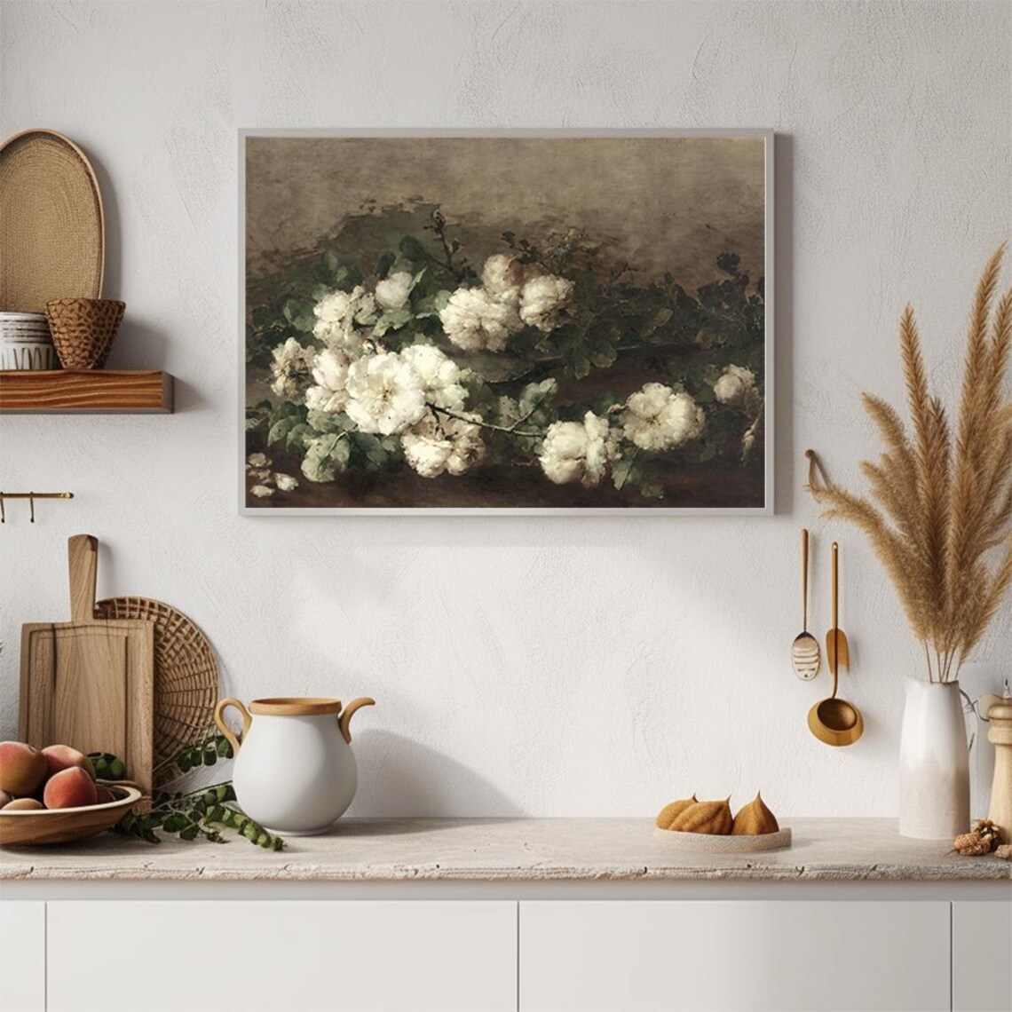 White Roses Dark Moody Still Life Vintage Floral Oil Painting Poster - Image 4