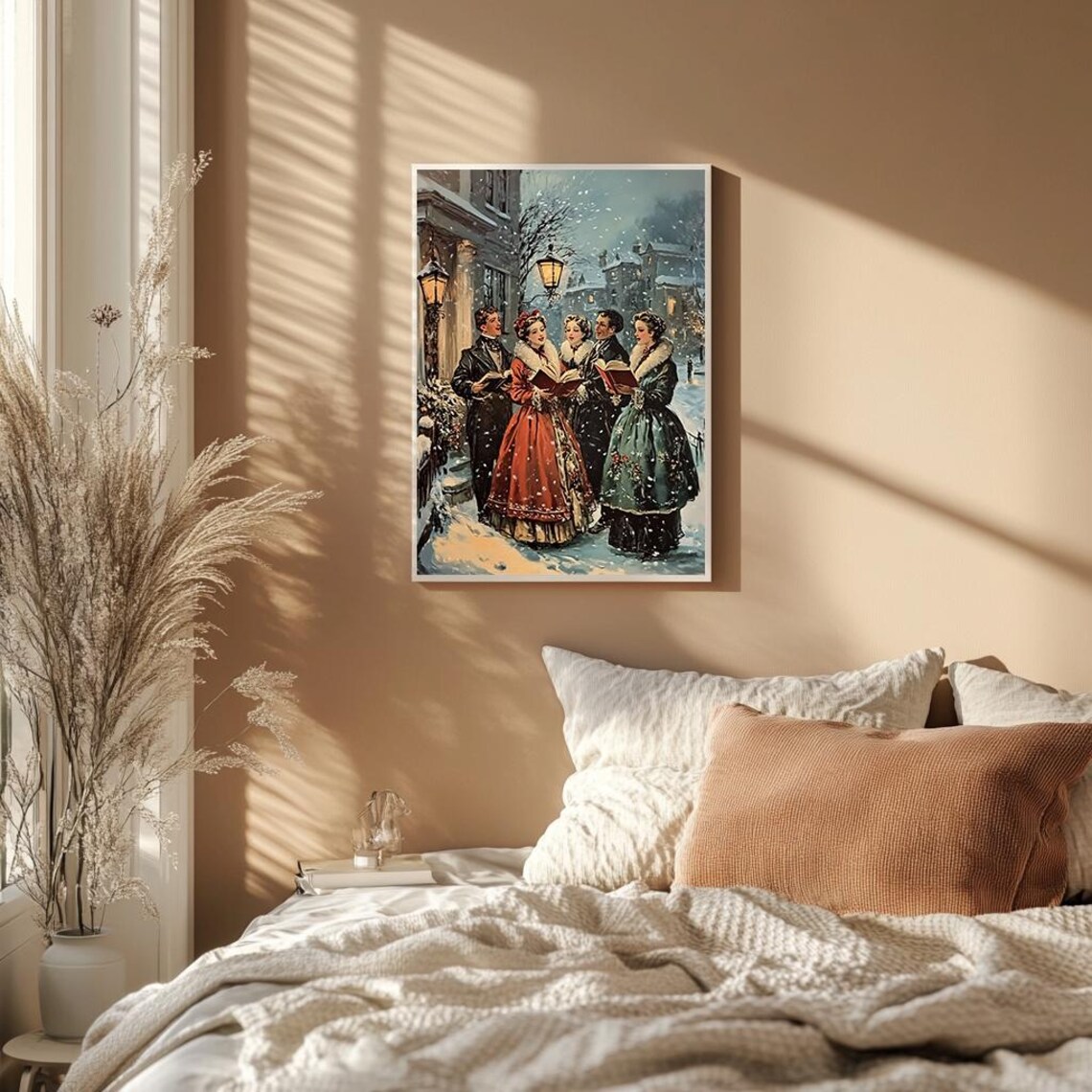 Victorian Christmas Carolers Singing in Snow Lamp Lit Street Poster - Image 2