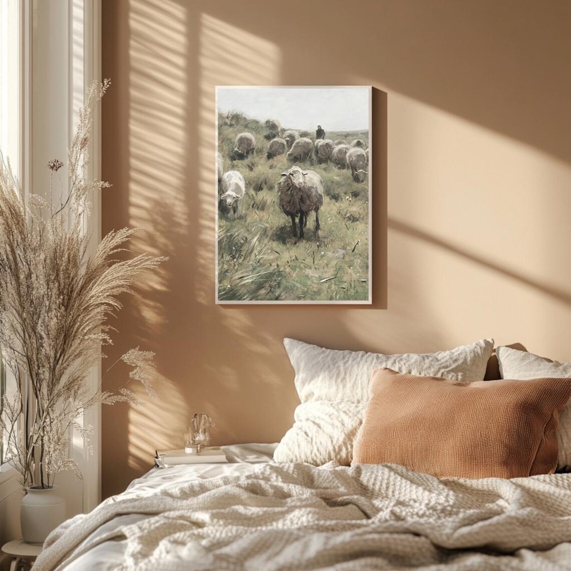 Sheep Herd In Pasture With Shepherd Rustic Farm Animal Painting Poster - Image 2