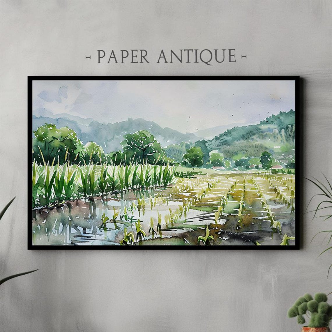 Rice Paddy Watercolor Green Fields Misty Mountains Landscape Poster