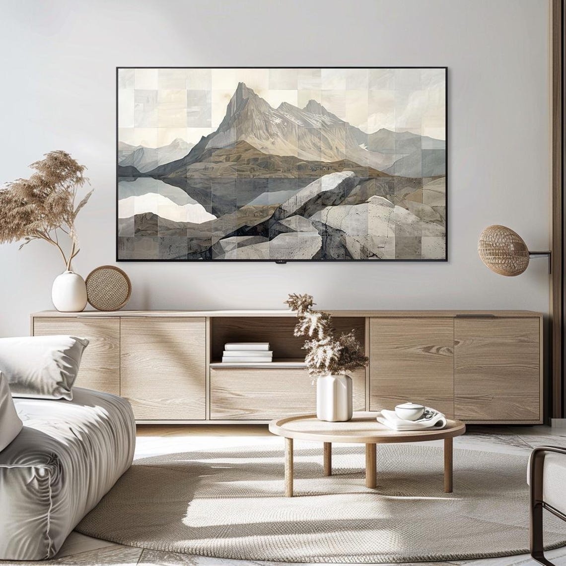 Neutral Tone Mountain Peak Lake Reflection Minimalist Poster - Image 5
