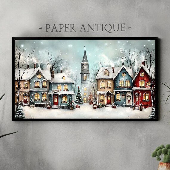 Snowy Christmas Village Street Clock Tower Watercolor Poster