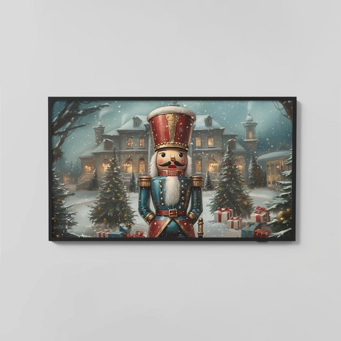 Nutcracker Soldier Snowy Village Scene Christmas Painting Poster - Image 2